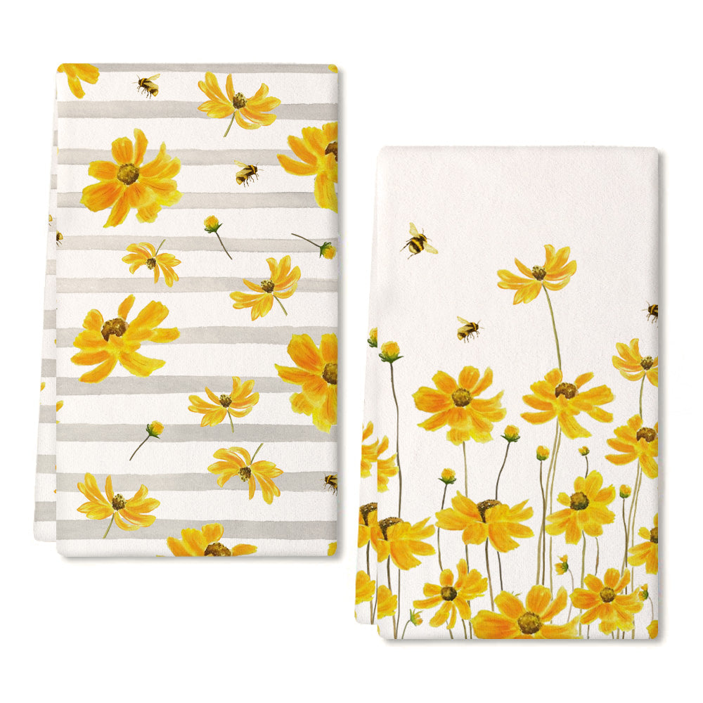 GEEORY Spring Yellow Flower Kitchen Dish Towels 18x26 Inch Ultra Absorbent Bar Drying Cloth Stripes Hand Towel Home Decor Set of 2 GD012