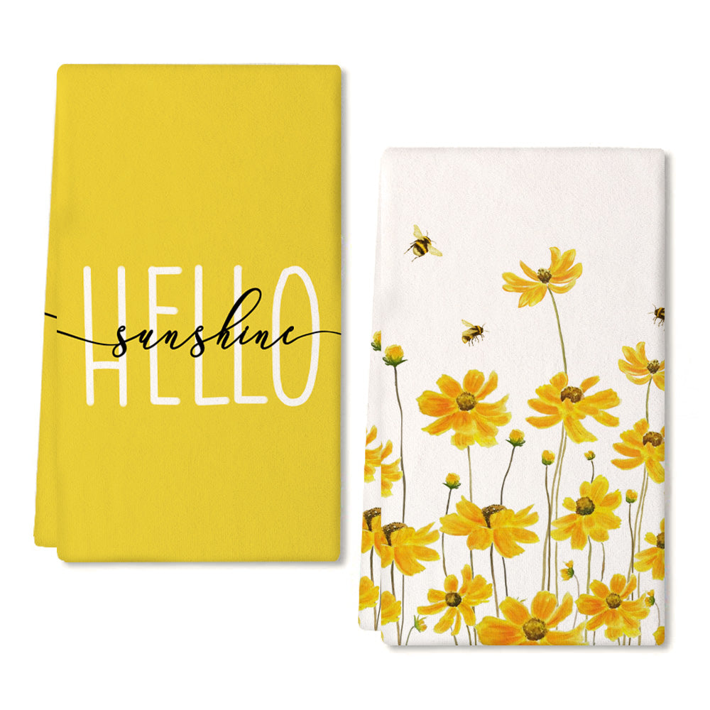 GEEORY Spring Yellow Daisy Kitchen Dish Towels 18x26 Inch Ultra Absorbent Bar Hello Sunshine Summer Bathroom Home Decor Set of 2 GD021