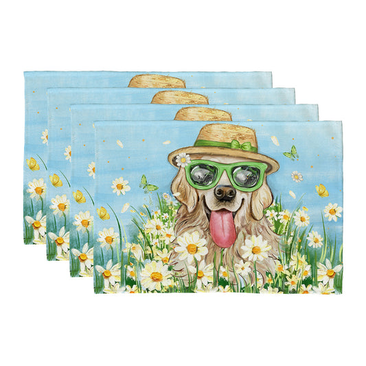 GEEORY Cute Dog Spring Placemats 12x18 Inch Set of 4 Daisy Flowers Farmhouse Kitchen Dining Table Dinner Party Decor GP005-18