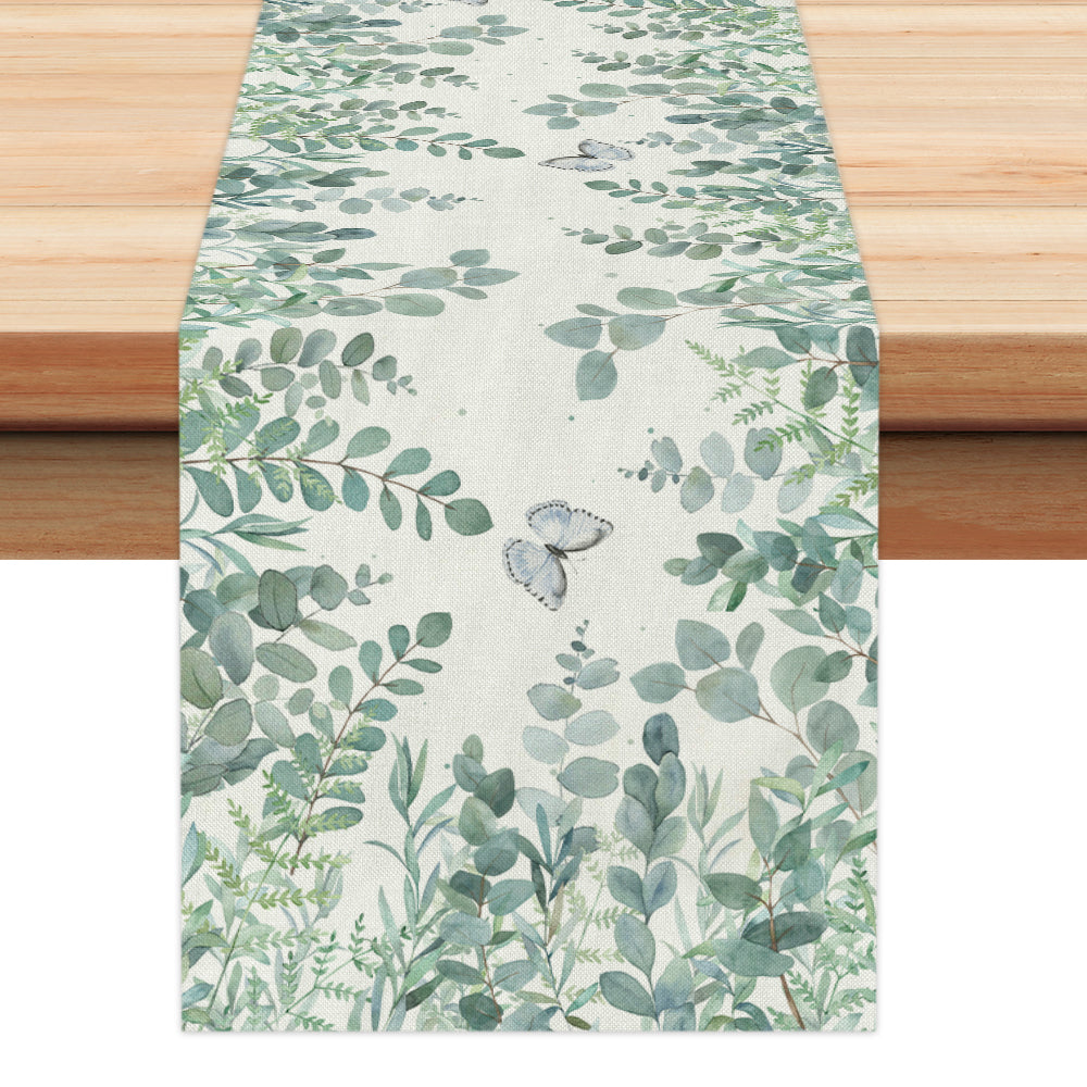 GEEORY Silver Green Eucalyptus Leaves Spring Table Runner 13x72 Inch Farmhouse Kitchen Dining Table Dinner Party Decor GT013-72