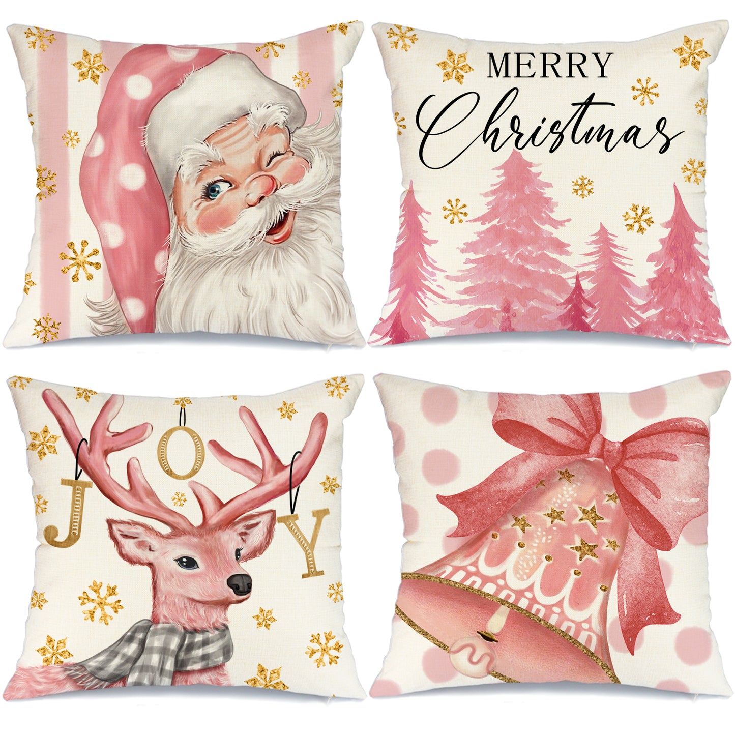 GEEORY Decorative Christmas Throw Pillow Covers 12x20 Set of 4 Santa Claus Christmas Tree Reindeer Pink Bow Polka Dots Stripes G161