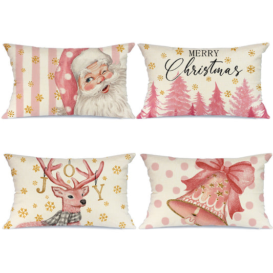 GEEORY Decorative Christmas Throw Pillow Covers 12x20 Set of 4 Santa Claus Christmas Tree Reindeer Pink Bow Polka Dots Stripes G161